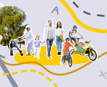 Gruppe von Menschen: u.a. Kind auf Fahrrad, Frau mit Rollator, Mensch auf Lastenrad